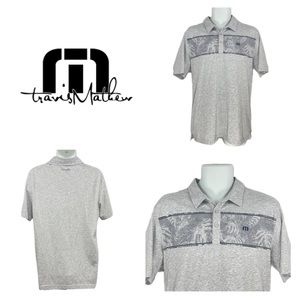 Travis Mathew Men’s Gray Polo, Palm Tree Chest Stripe, Size M